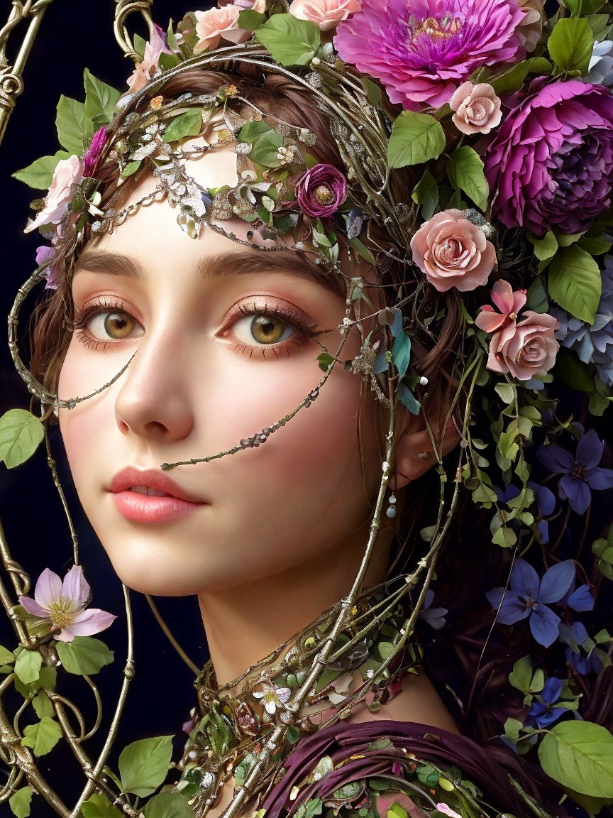 Young woman with floral headdress and enchanting expression