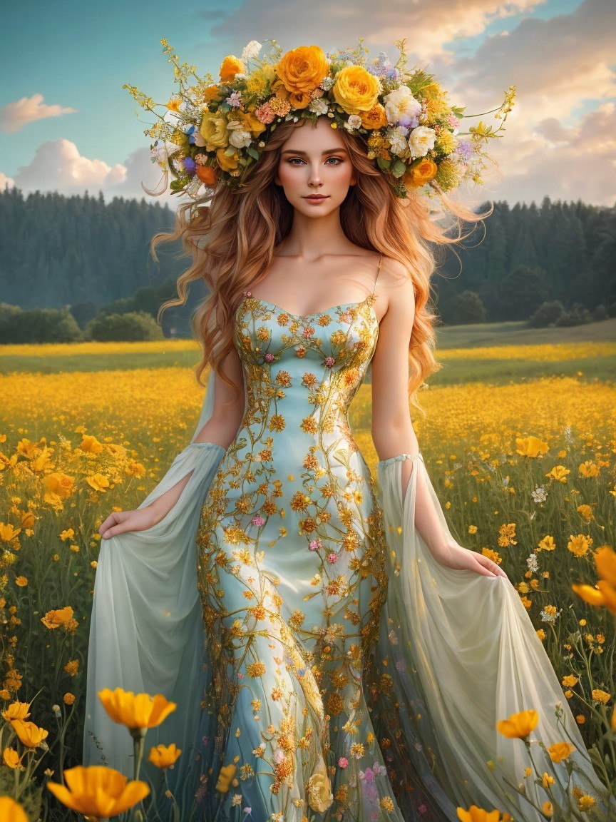 Young woman in floral gown in sunset flower field