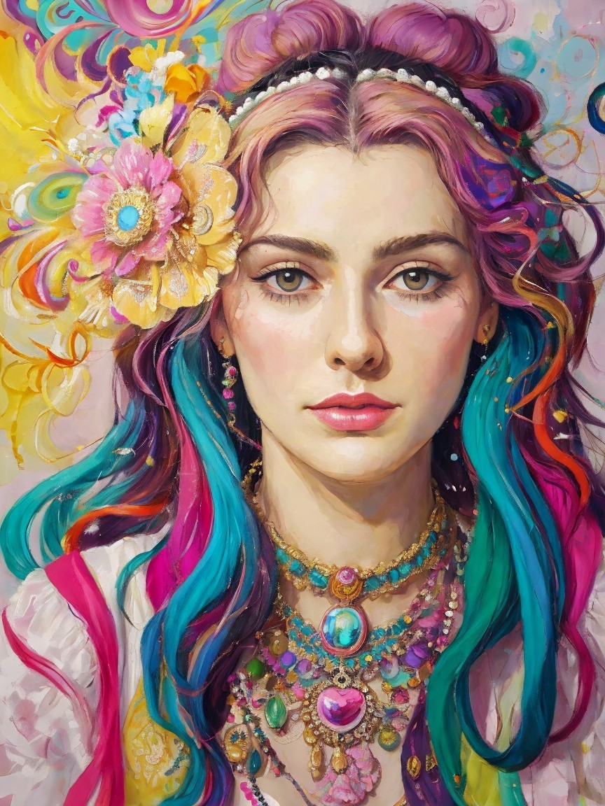 Portrait of a Young Woman with Colorful Hair and Jewelry