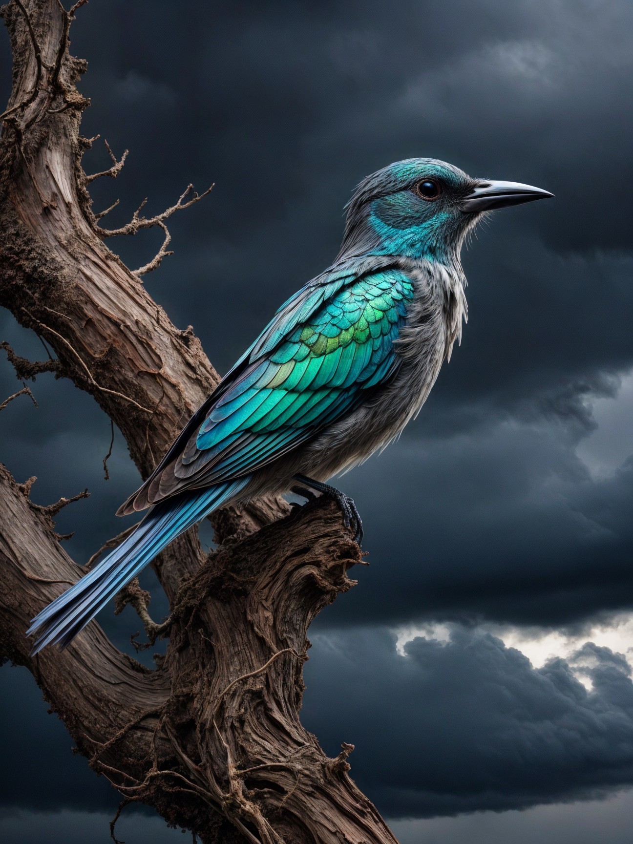 Bird on Gnarled Branch Against Stormy Clouds