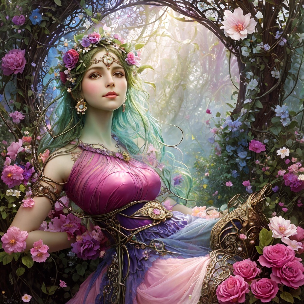 Mystical figure in floral crown in enchanting forest