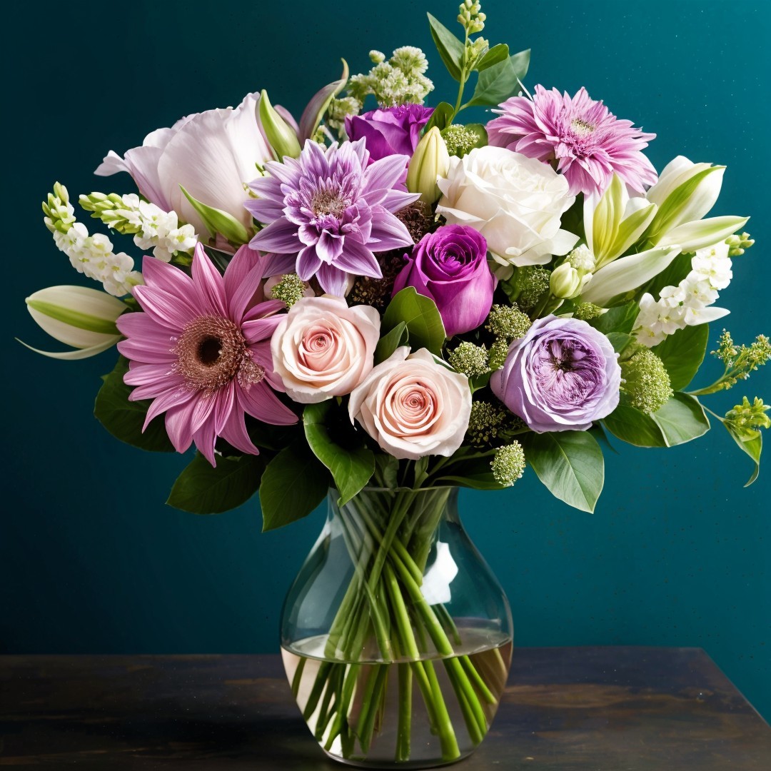 Vibrant Floral Arrangement in Clear Glass Vase