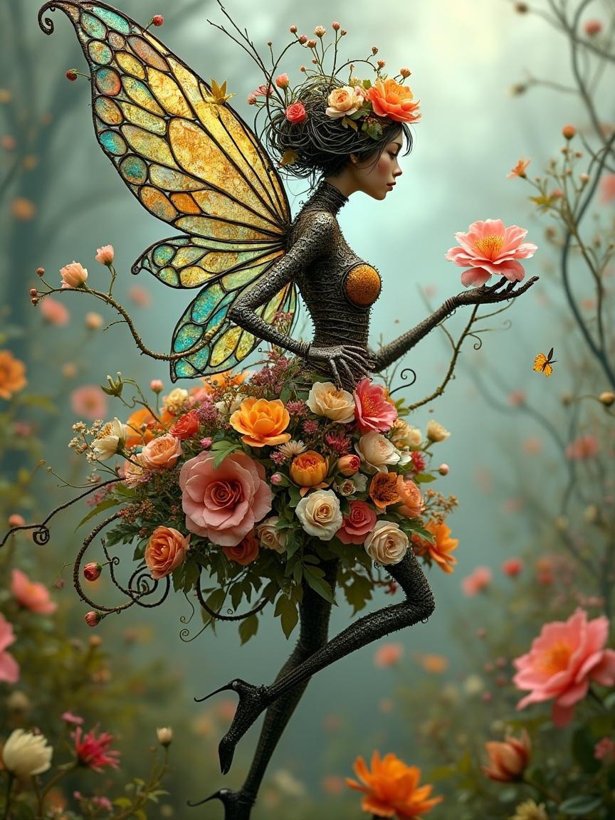 Fairy in Vibrant Garden with Stained Glass Wings