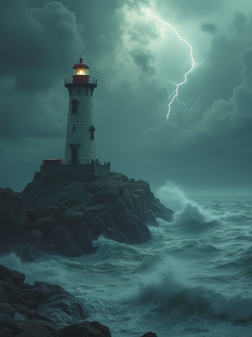 Lighthouse on Rocky Shore Amid Stormy Skies
