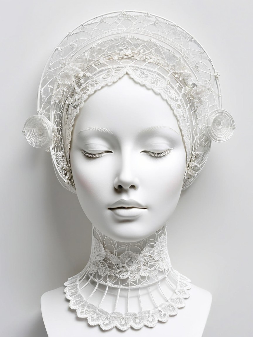 White Mannequin Head with Lace and Floral Accents