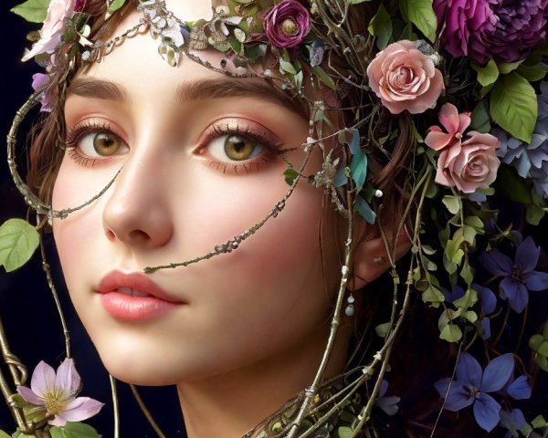 Young woman with floral headdress and enchanting expression
