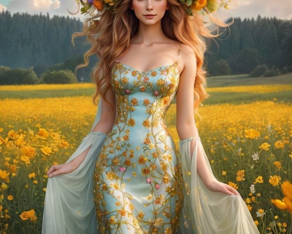 Young woman in floral gown in sunset flower field