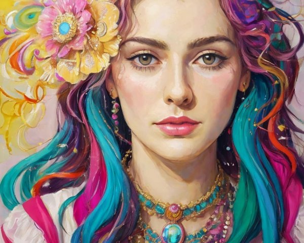 Portrait of a Young Woman with Colorful Hair and Jewelry