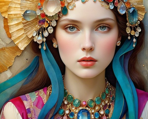 Woman in Colorful Headdress and Elegant Garment