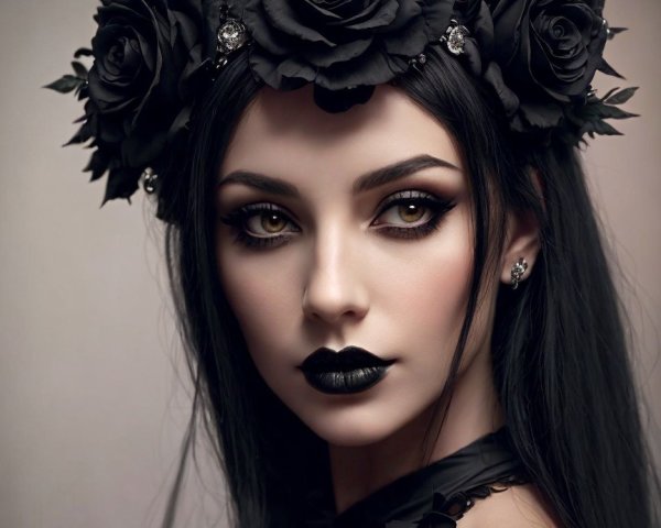Gothic Elegance of a Woman with Black Roses Crown
