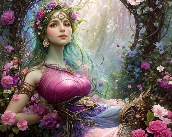 Mystical figure in floral crown in enchanting forest