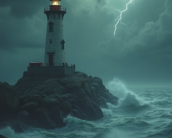Lighthouse on Rocky Shore Amid Stormy Skies