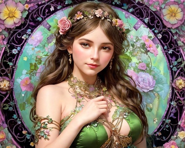 Detailed portrait of a young woman in floral attire