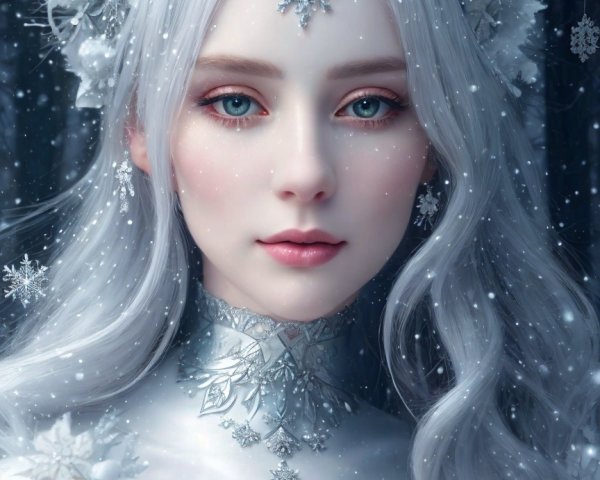 Elegant Figure in Snowy Wonderland with Silver Hair