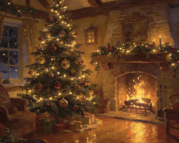Cozy Living Room with Christmas Tree and Fireplace