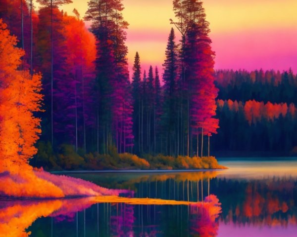 Serene Lake at Sunset with Colorful Sky and Trees