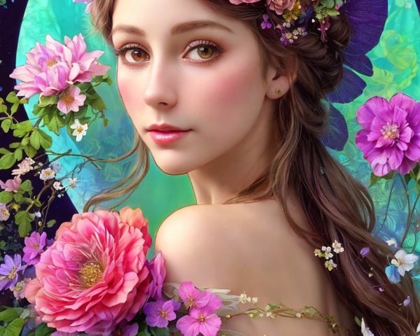 Young woman with flowers in hair in serene nature scene