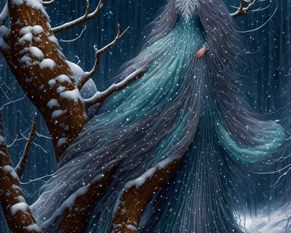 Mystical Figure in Snowy Forest with Ethereal Gown