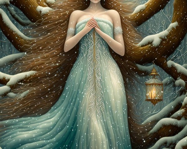 Serene figure in icy blue gown in snowy forest