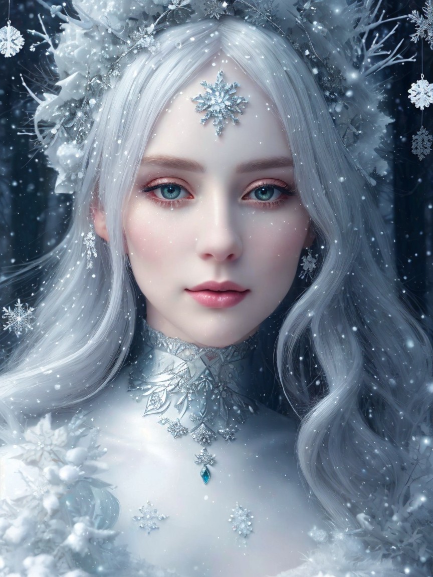Elegant Figure in Snowy Wonderland with Silver Hair