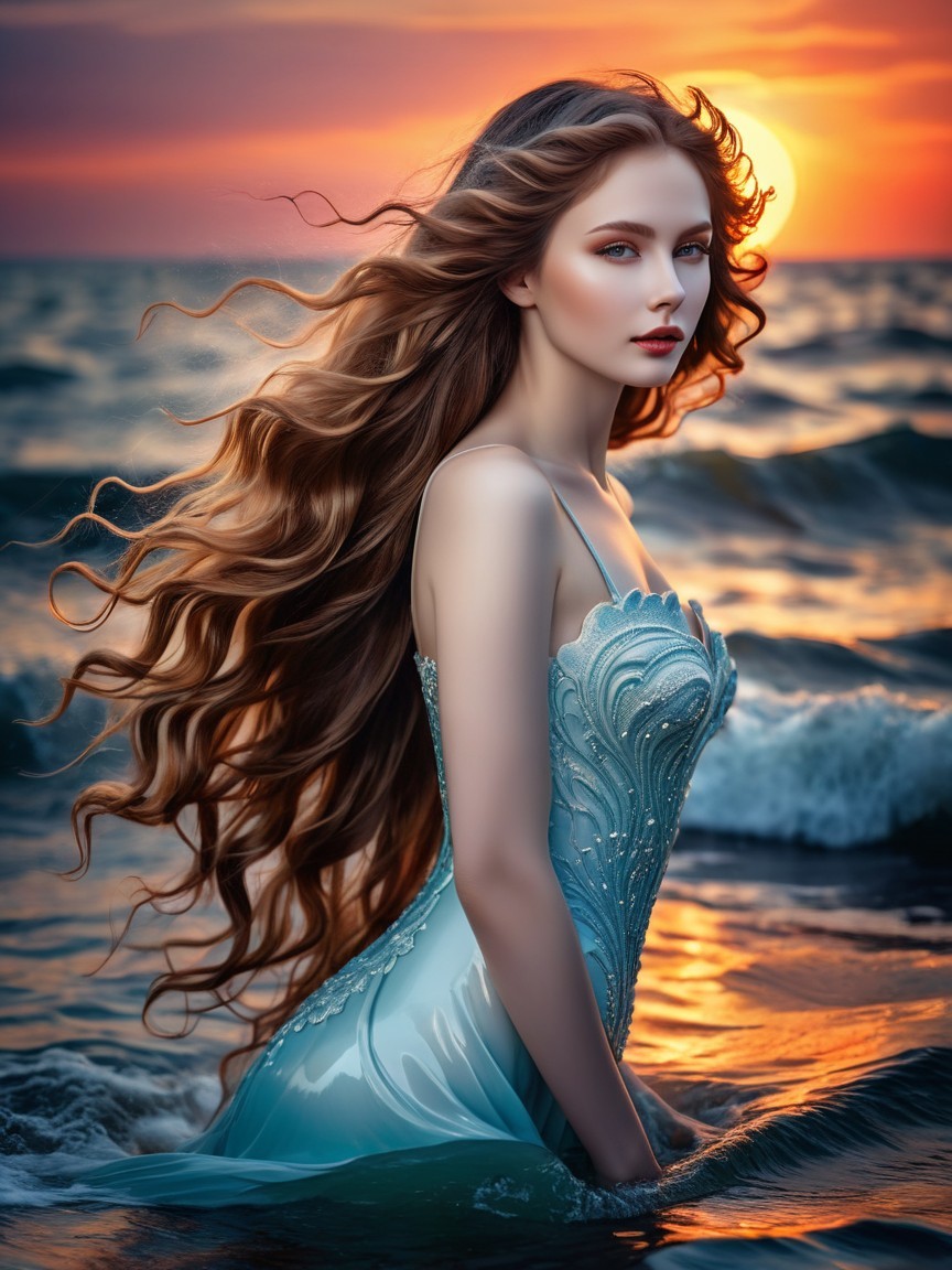 Young woman in blue dress at sunset by the ocean