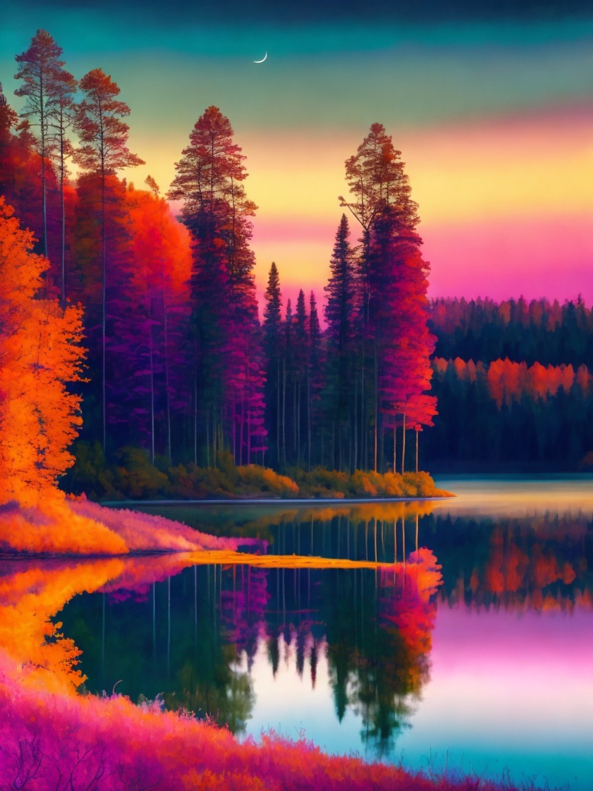 Serene Lake at Sunset with Colorful Sky and Trees