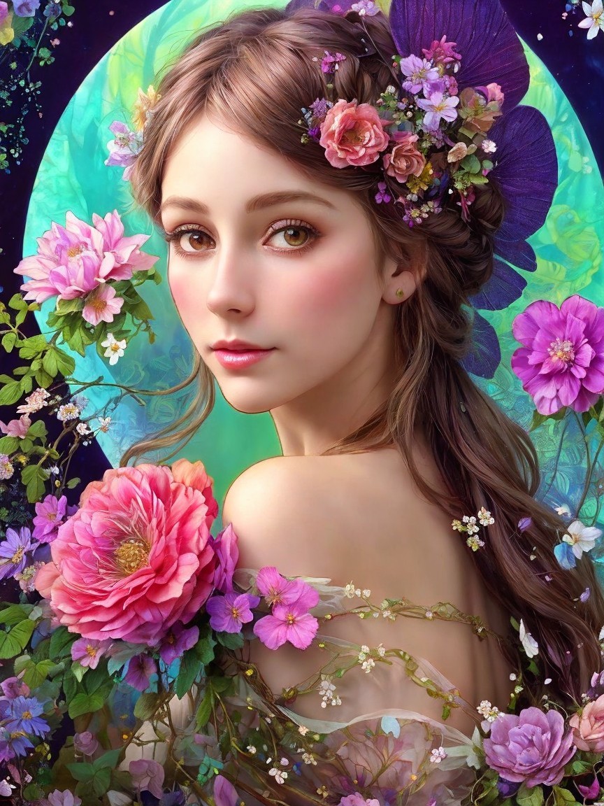 Young woman with flowers in hair in serene nature scene