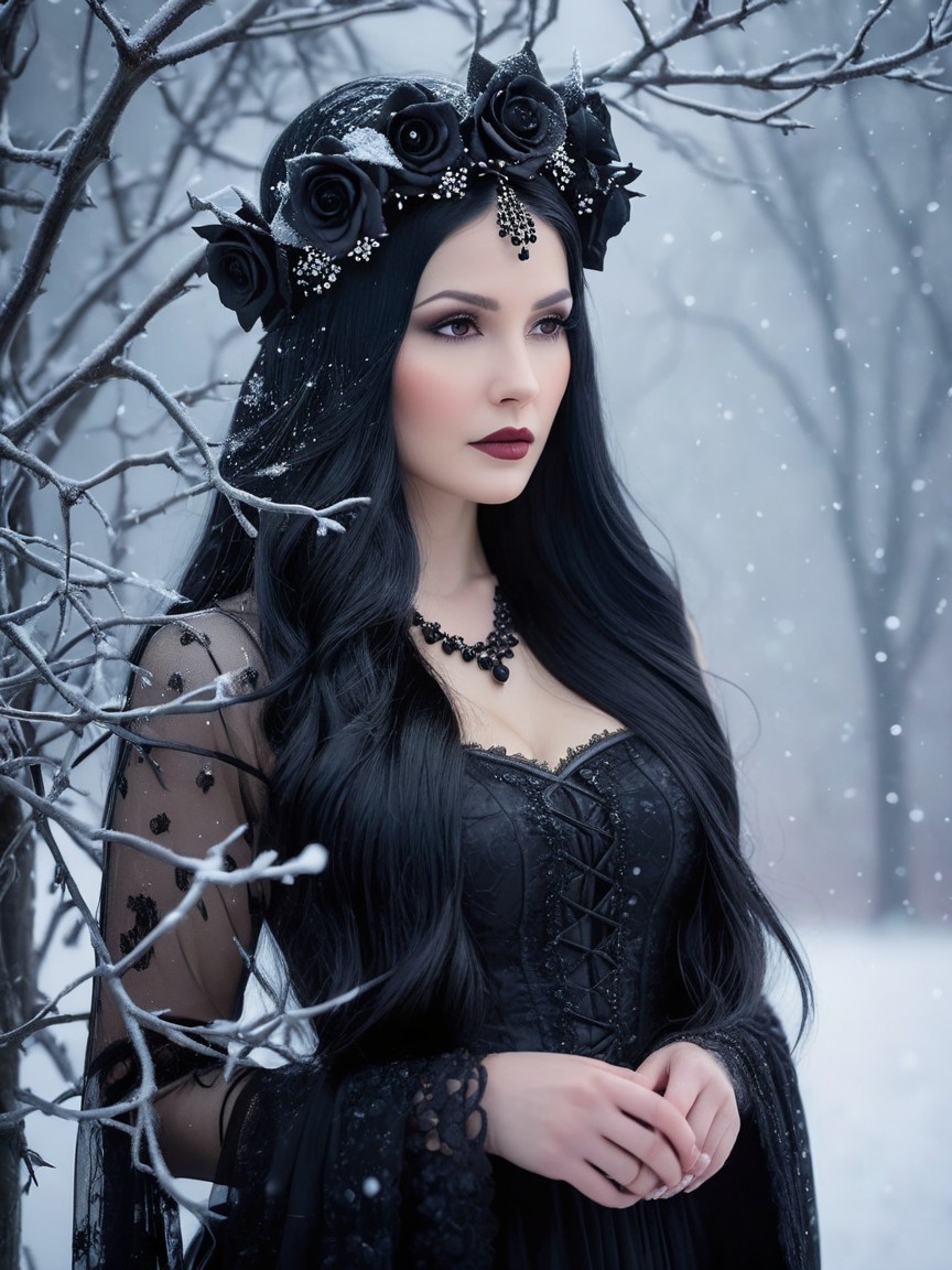 Mysterious Woman in Snowy Landscape with Black Roses