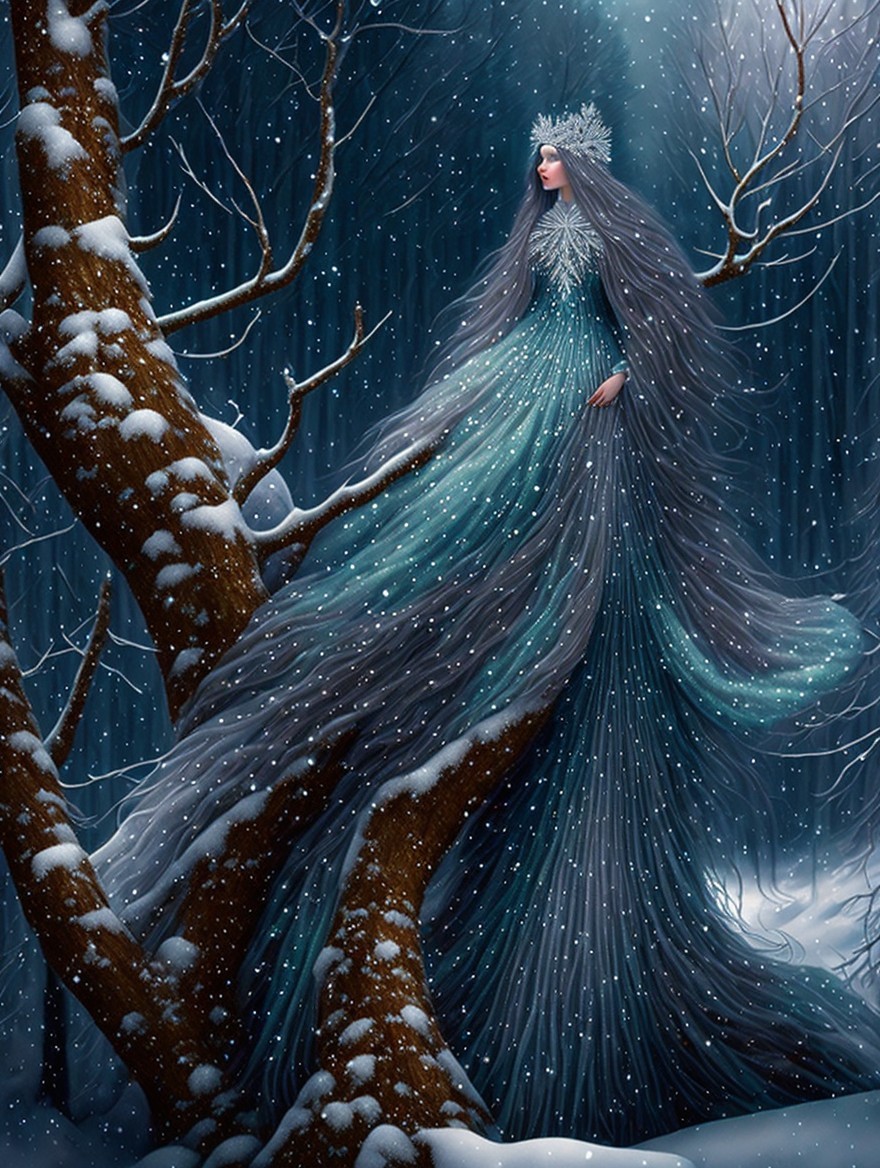 Mystical Figure in Snowy Forest with Ethereal Gown