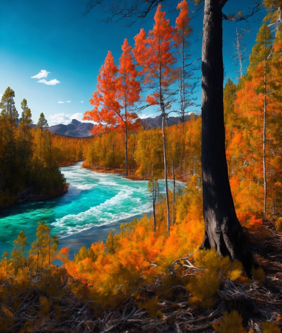 Vibrant Autumn Landscape with Turquoise River and Foliage