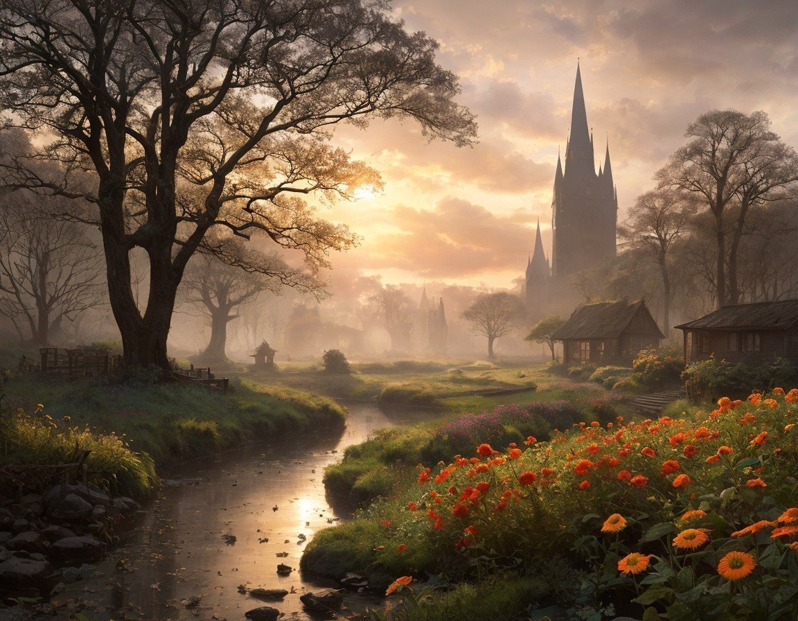 Scenic sunrise with river, cathedral spire, and blooming flowers