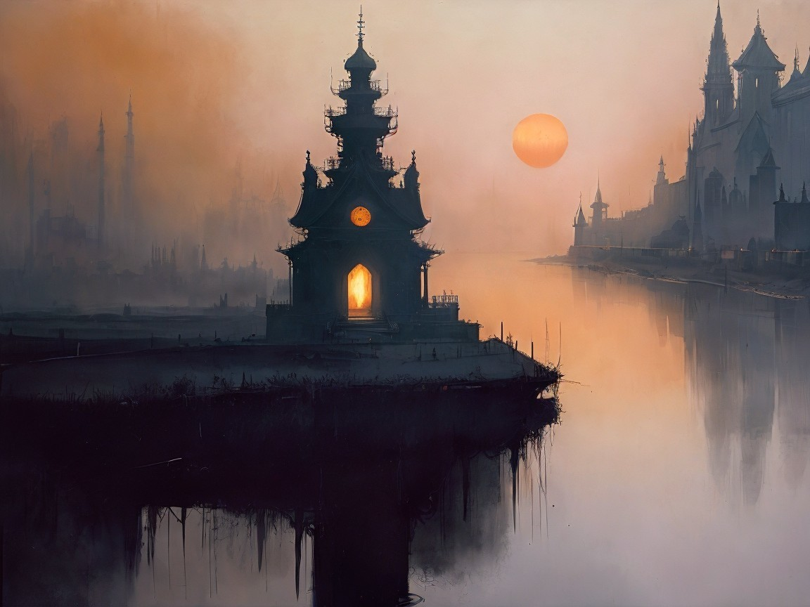Serene Dusk Landscape with Misty River and Structures