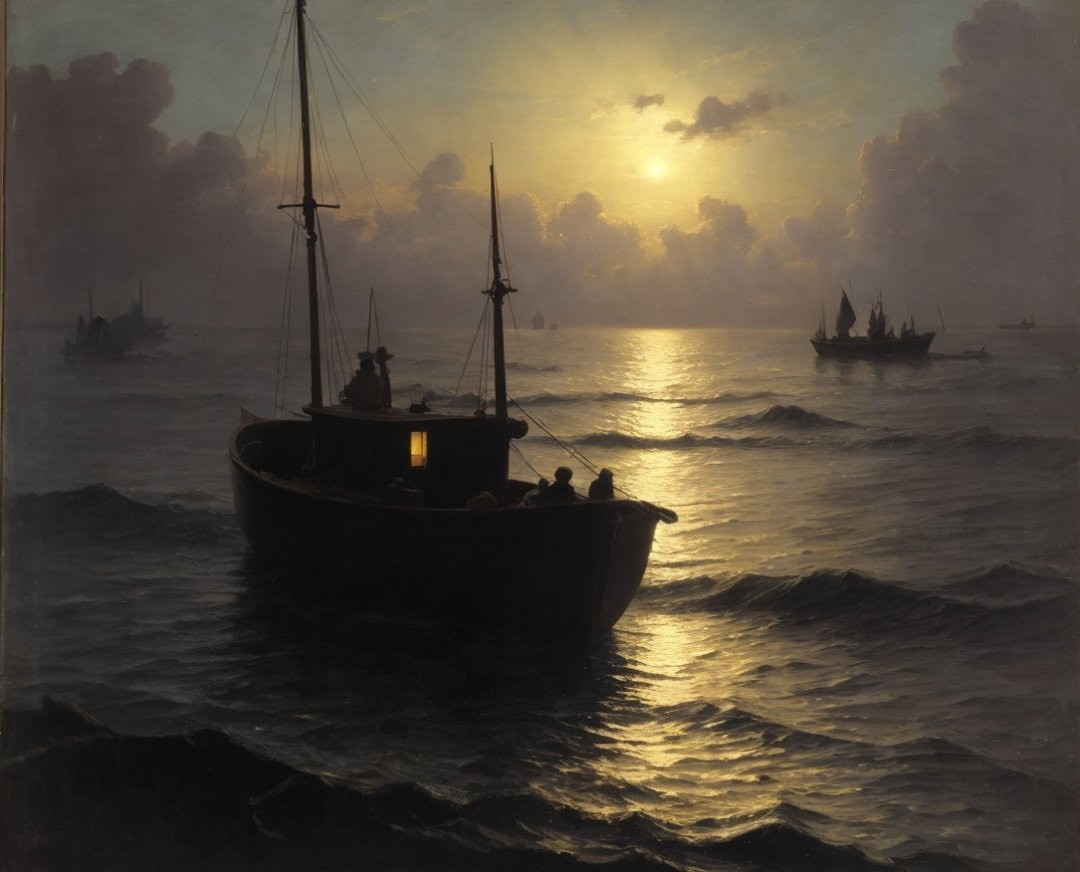 Tranquil maritime dusk with silhouetted boats on calm sea