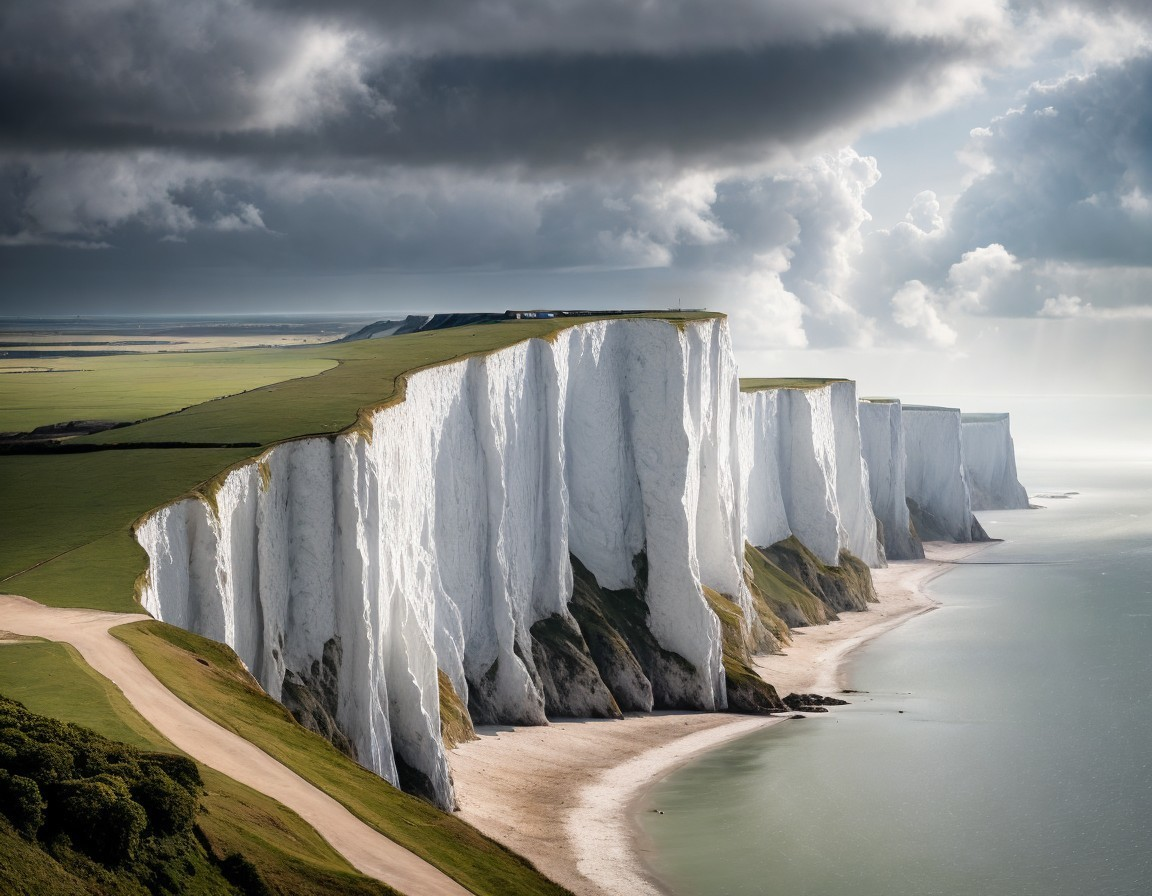Majestic White Cliffs and Dramatic Sky Over Serene Coastline