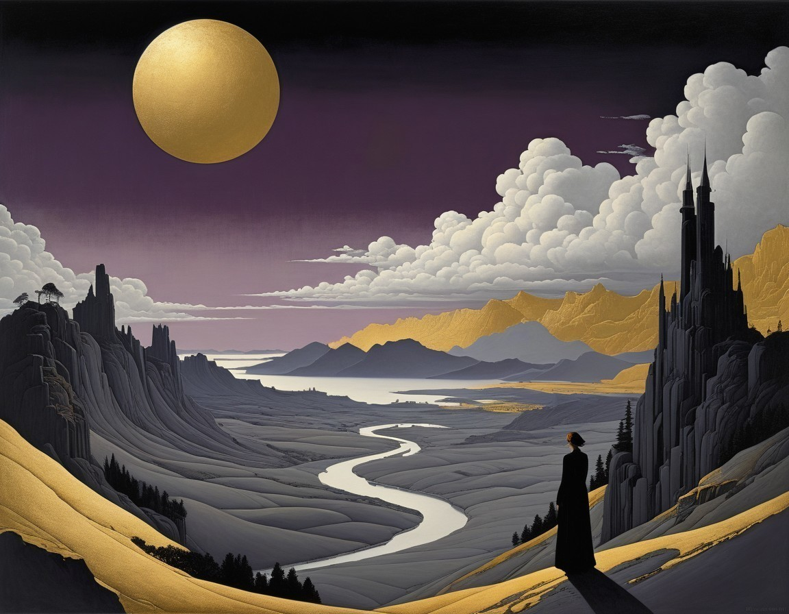 Surreal Landscape with Golden Light and Purple Sky