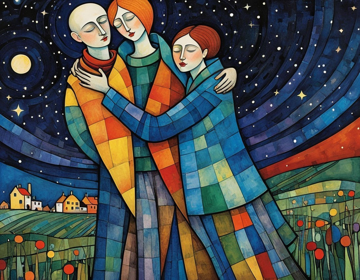 Three Figures Embracing Under a Starry Night Sky