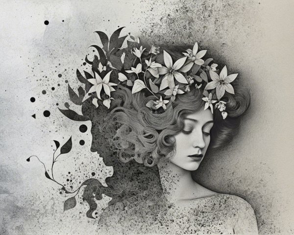 Woman with Floral Adornments in Dreamlike Setting