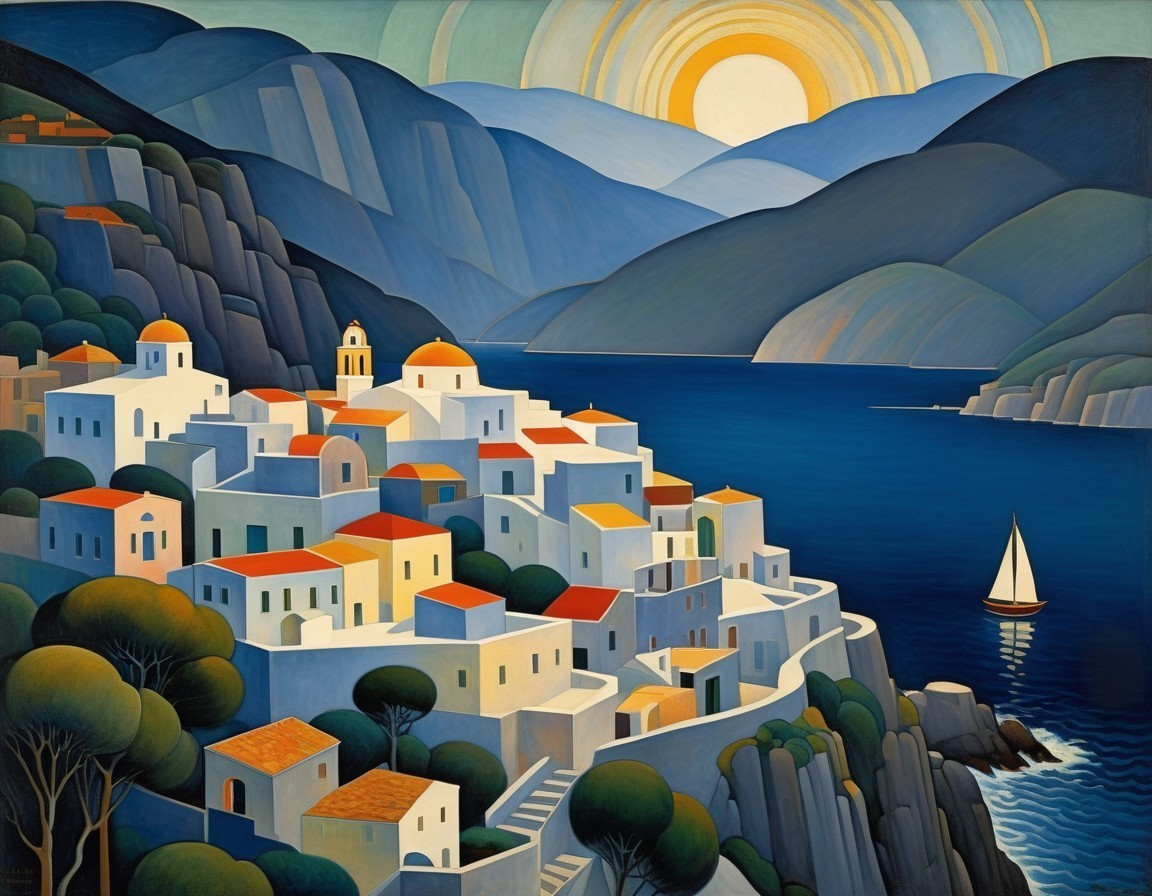 Coastal Village with White-washed Buildings and Sea