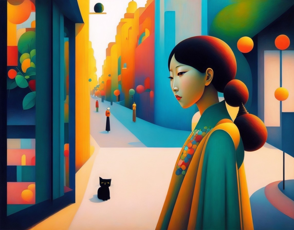 Stylized Painting of Woman in Surreal Urban Landscape