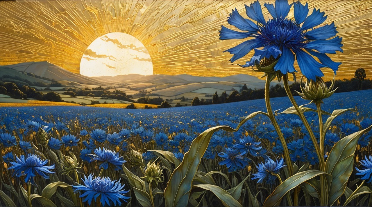 Golden Sunrise Over Vibrant Blue Flower Field