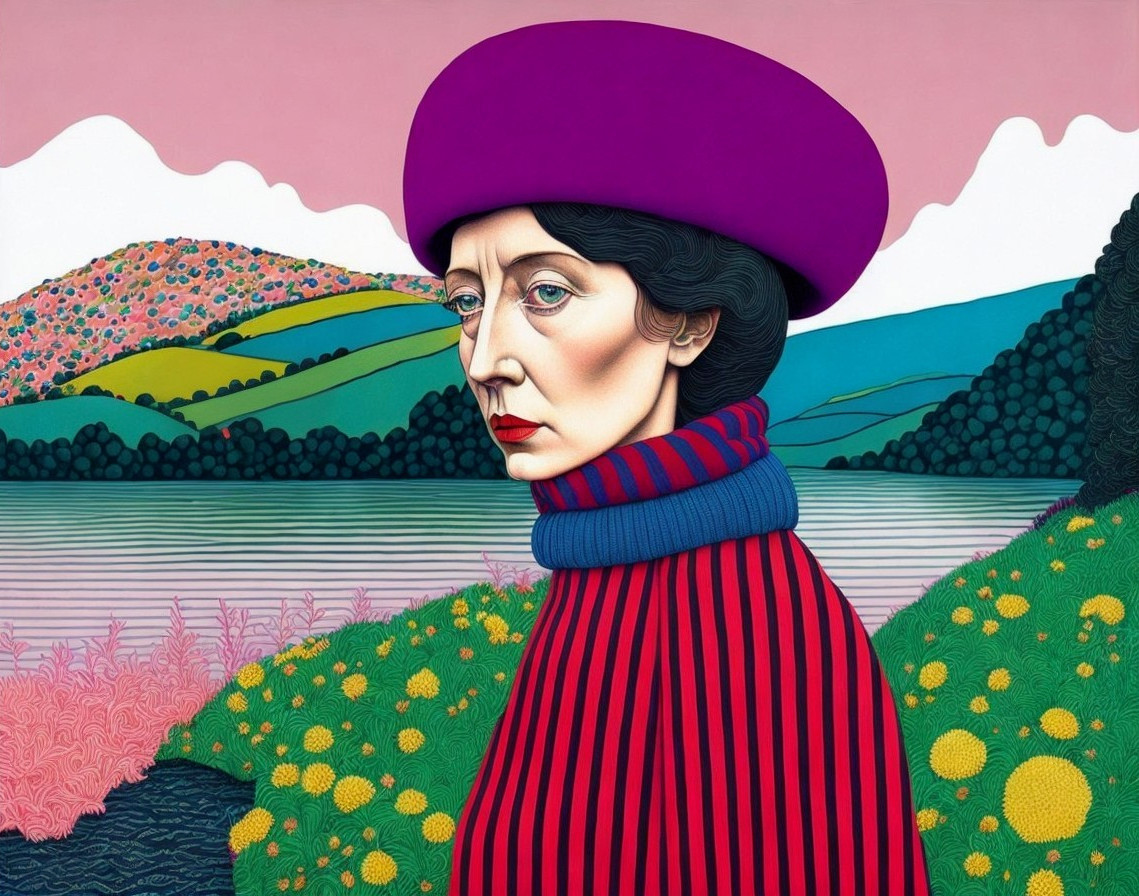 Stylized Woman in Bold Colors Against Vibrant Landscape