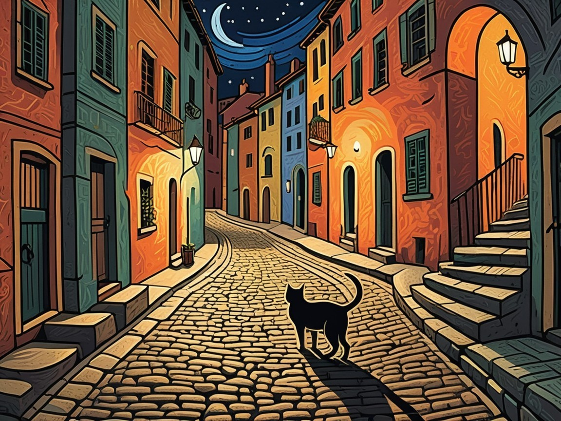 Cobblestone Street with Colorful Buildings at Night