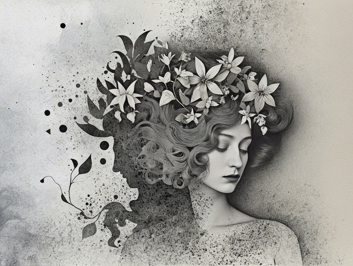 Woman with Floral Adornments in Dreamlike Setting