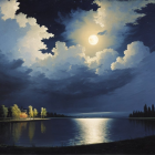Tranquil Lake Under Moonlit Sky and Silhouetted Trees