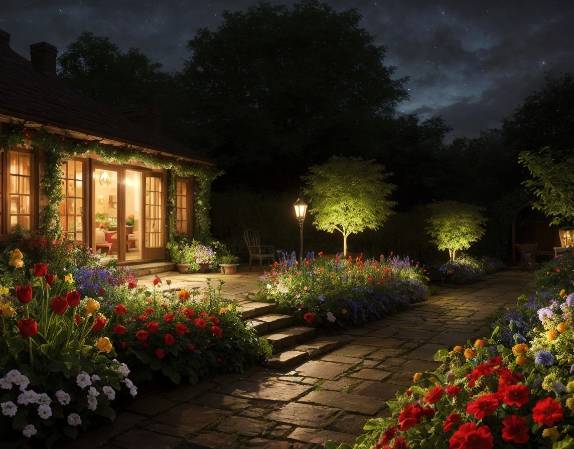 Cozy cottage at night with glowing lights in lush garden