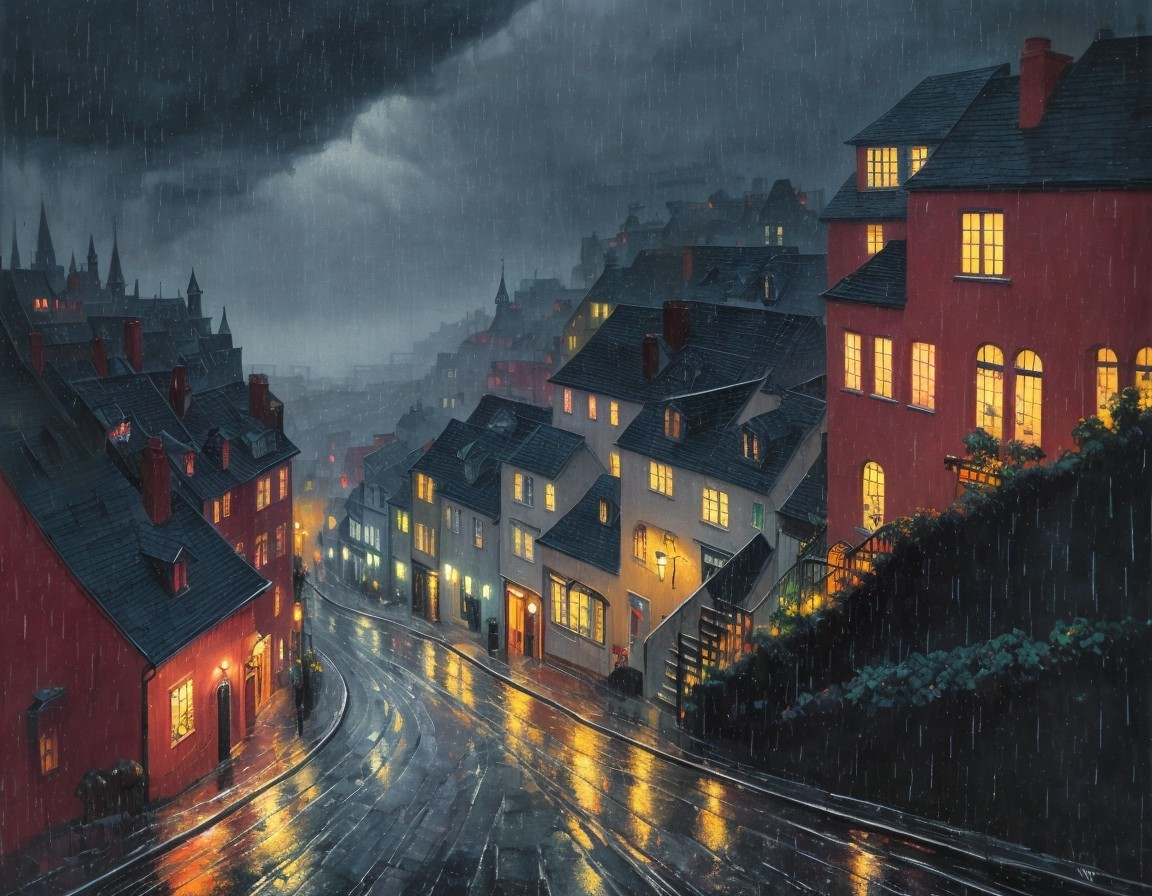 European-style town with cobblestone streets on a rainy evening