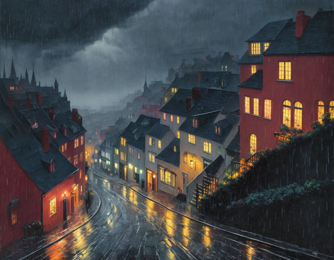 Steep city road, rainy evening