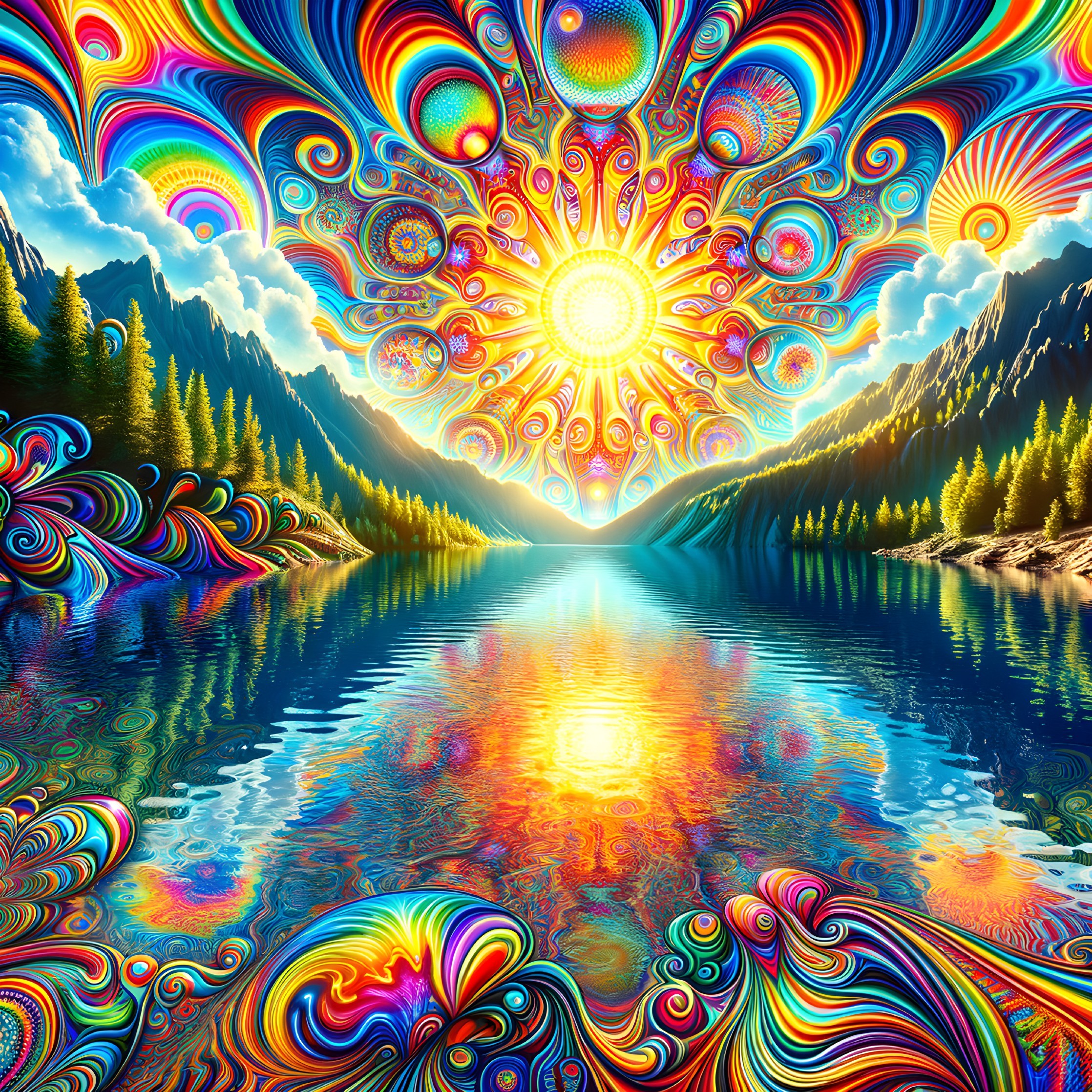 Colorful Psychedelic Mountain Landscape with Fractal Sky