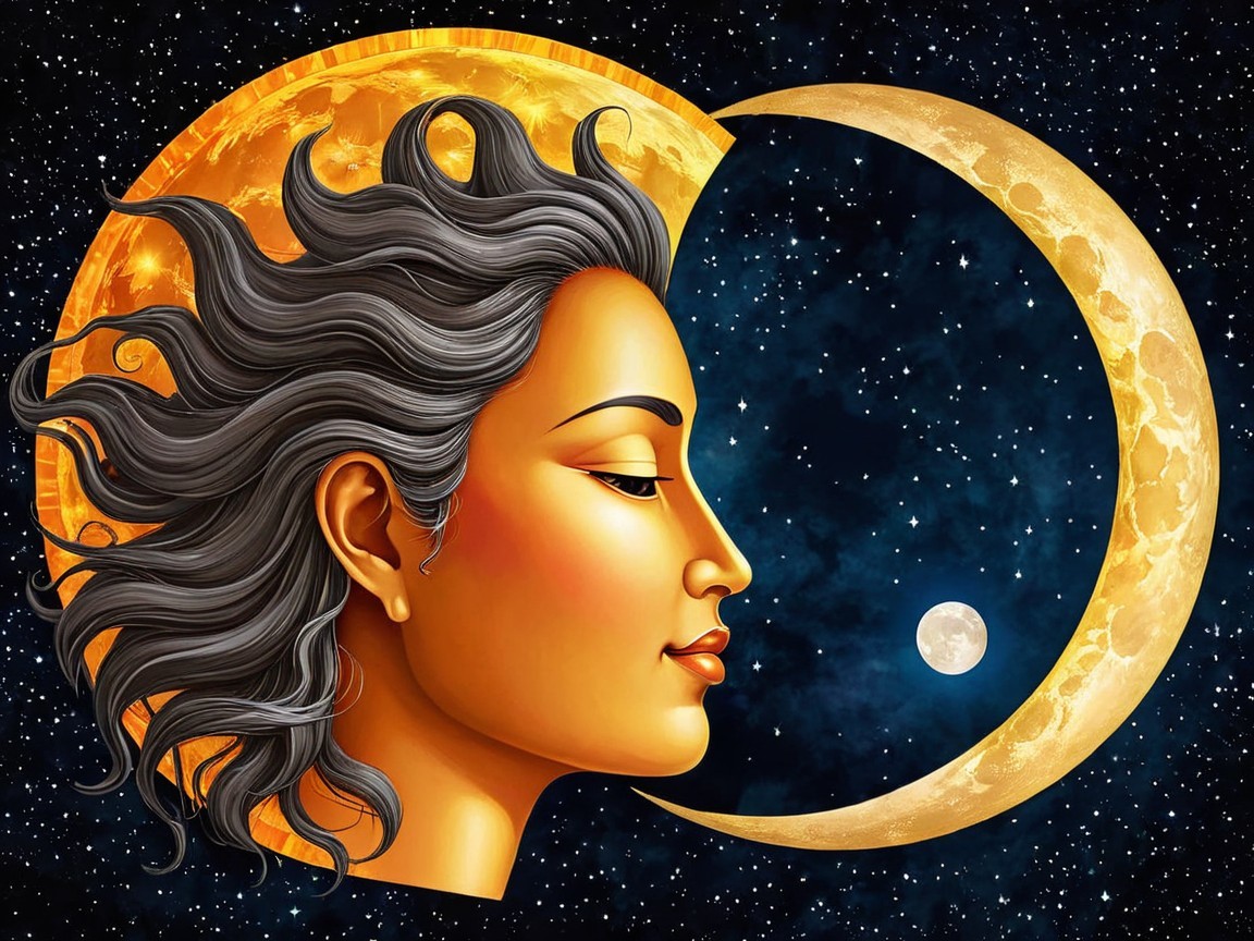 Celestial Scene with Sun, Moon, and Serene Woman