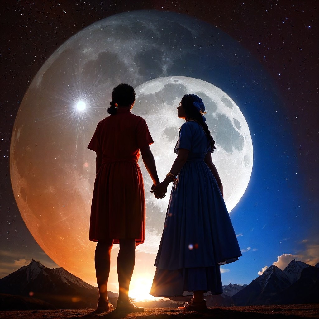 Silhouetted Figures Against a Glowing Moon Landscape